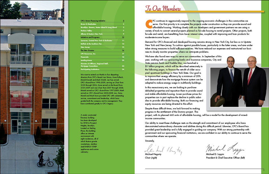 Annual reports design Community Preservation Corporation green initiatives low income housing letter from the directors